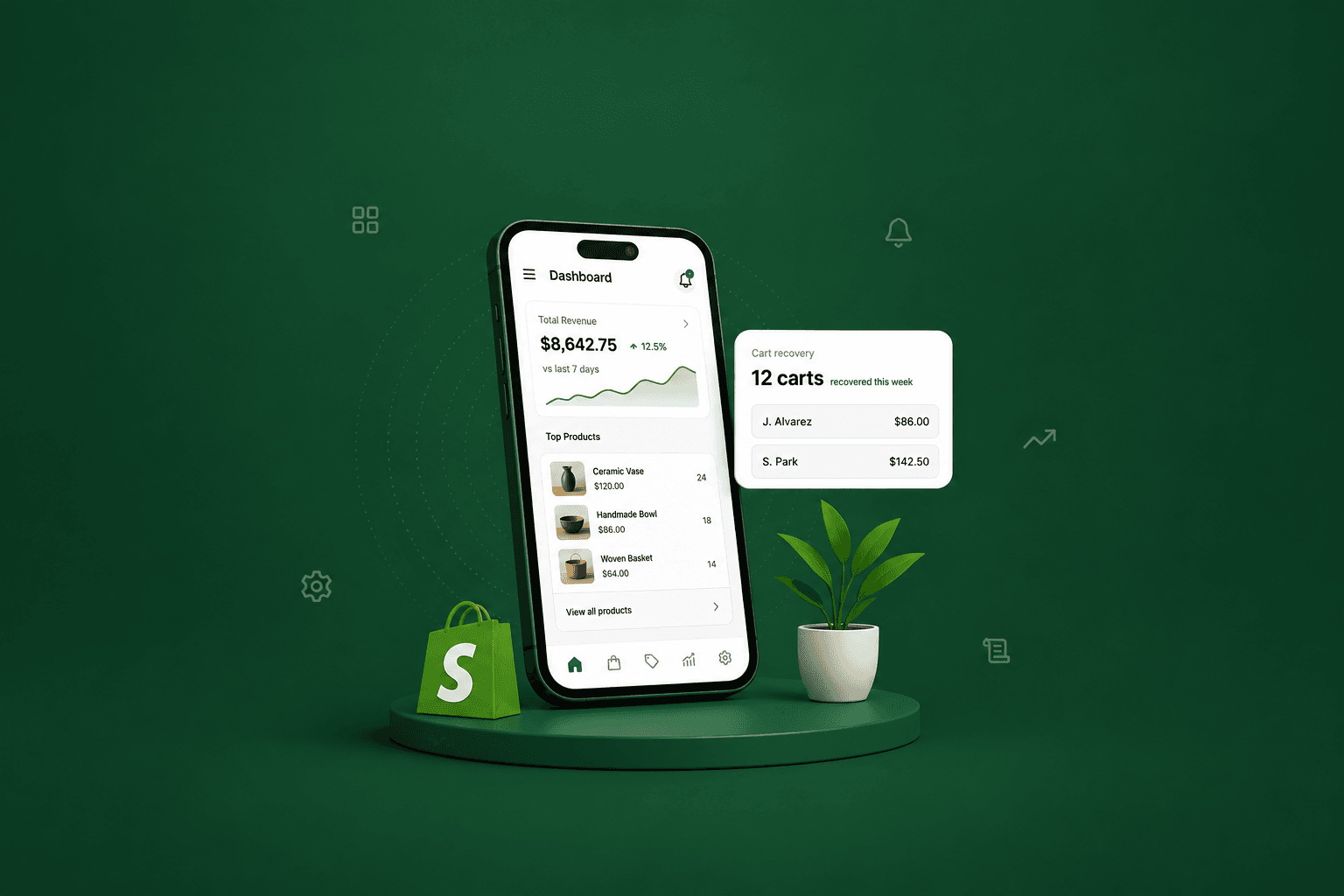 Mobile Connect app showing the store dashboard and a recovered-cart summary